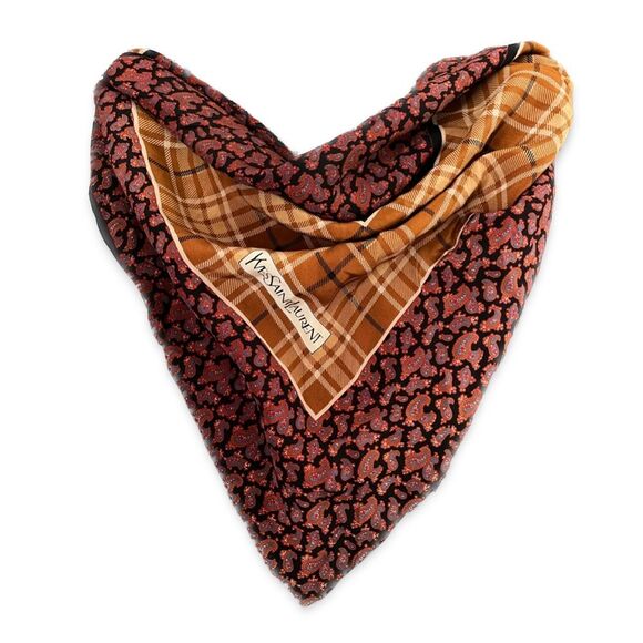 Yves Saint Laurent Plaid and Paisley Square Silk Scarf - Picture 1 of 5